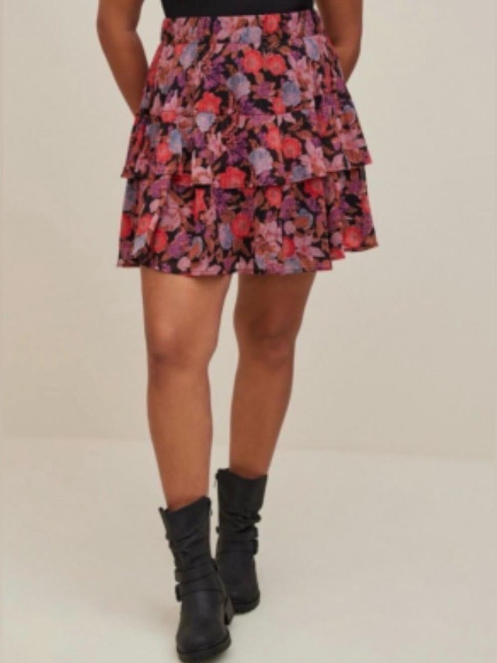Torrid Dark Floral Sparkly Metallic Tiered Ruffle Mini Skirt 3X